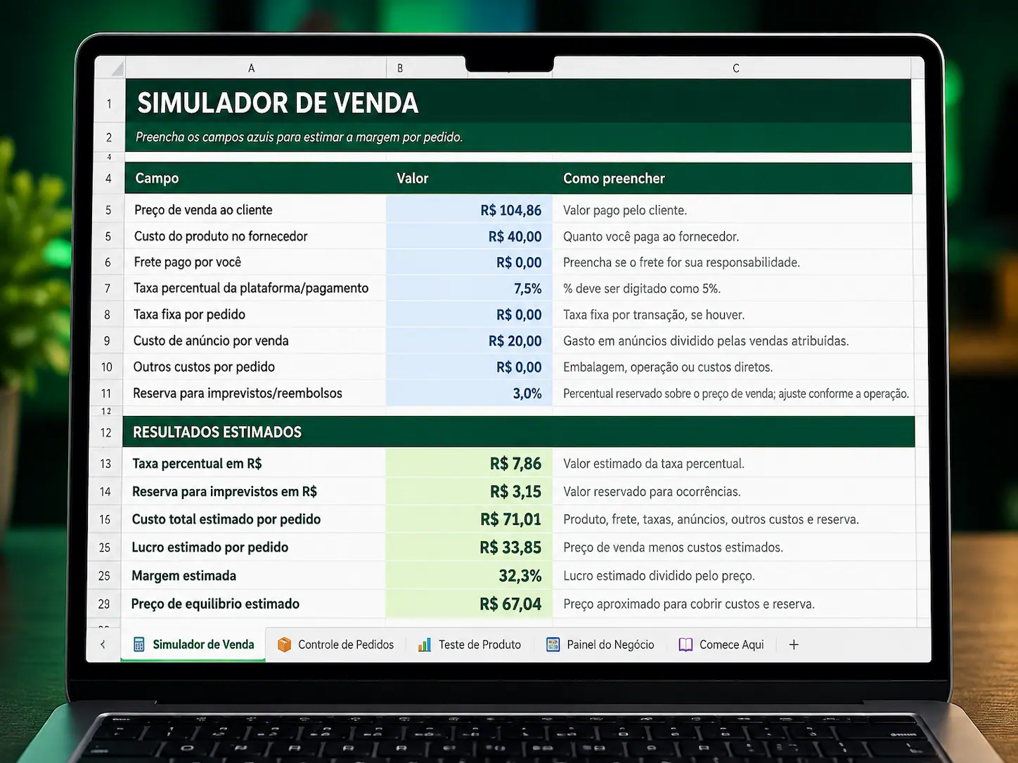 Prévia da planilha Meu Primeiro Negócio, com simulador de venda, custos, lucro e margem